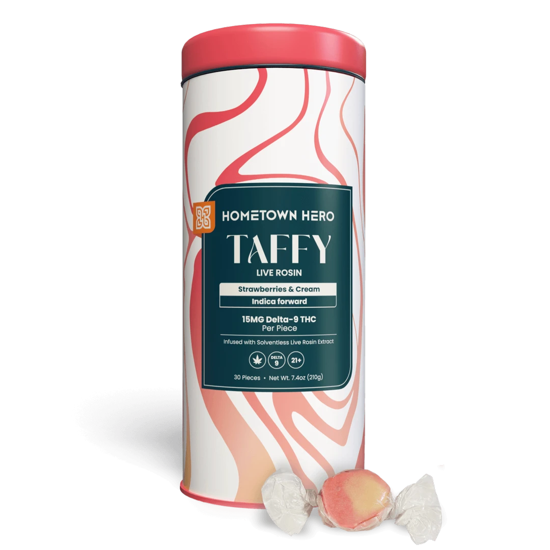 HOMETOWN HERO | Strawberries & Cream Live Rosin Taffy | 30ct, 15MG D9 Indica