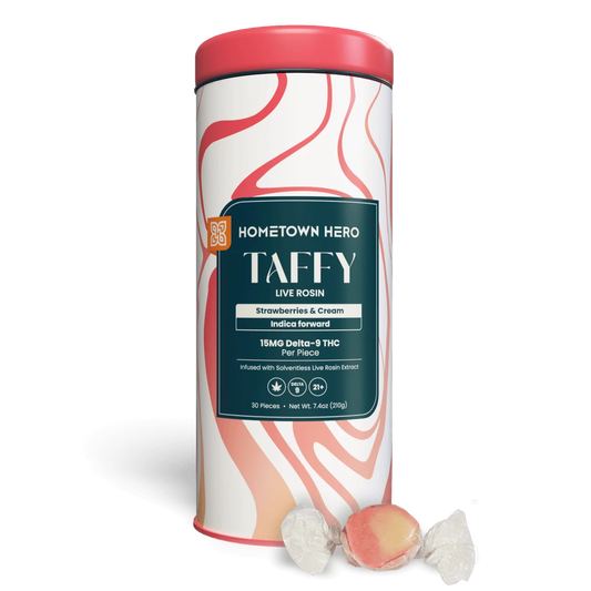 HOMETOWN HERO | Strawberries & Cream Live Rosin Taffy | 30ct, 15MG D9 Indica